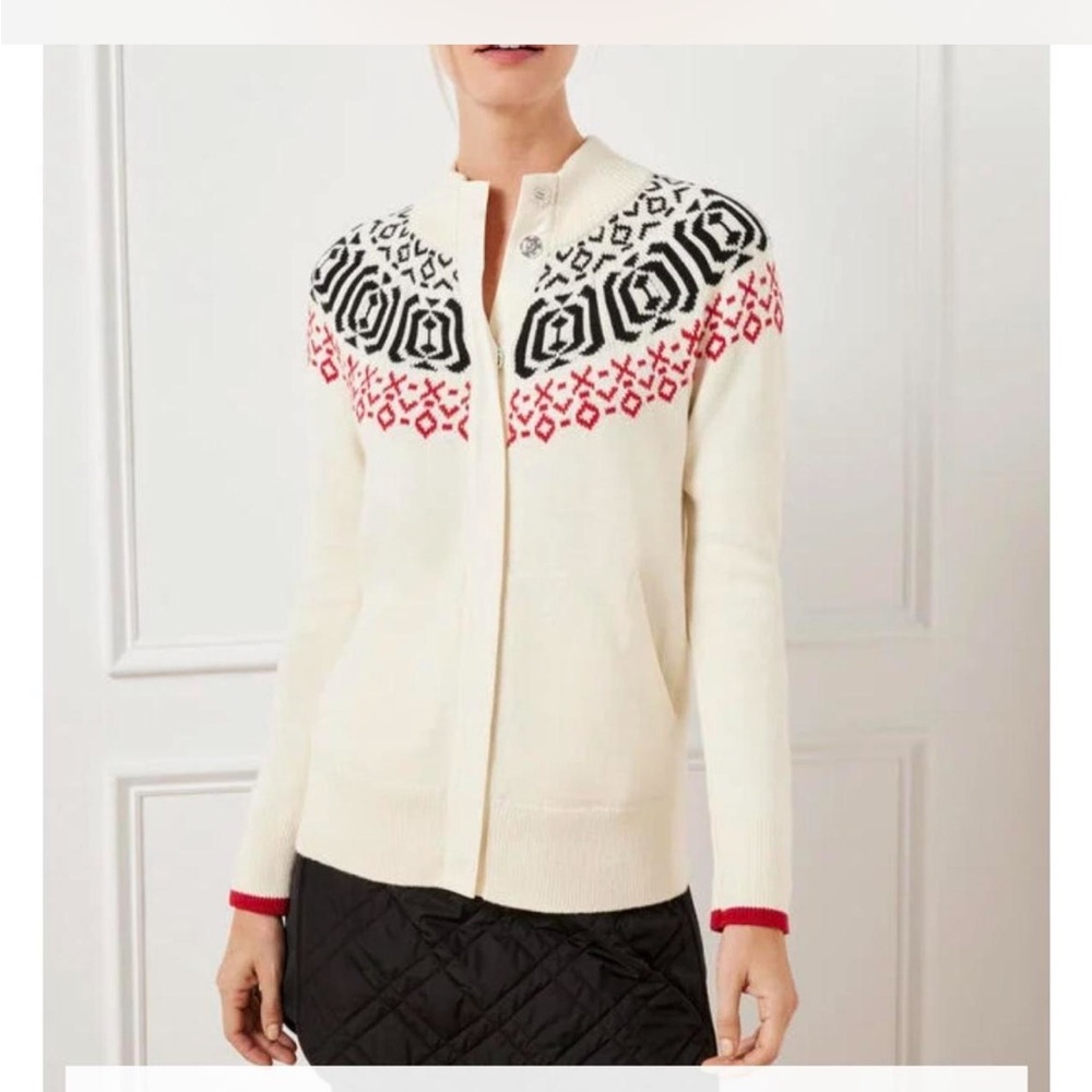 Talbots Cream Cardigan with Black and Red Pattern